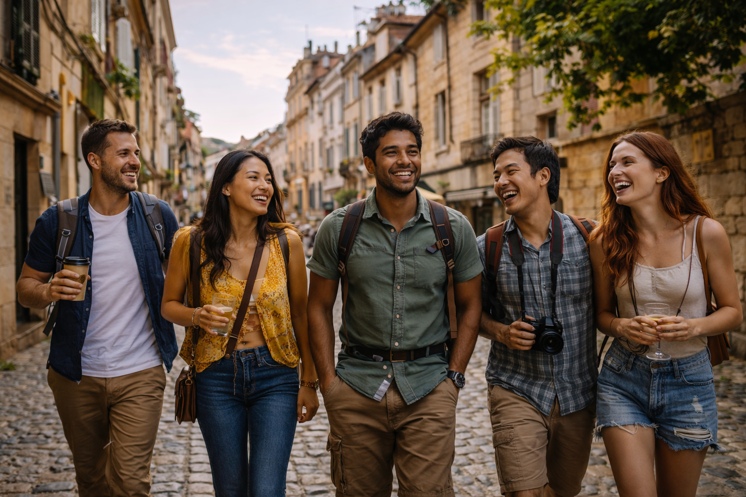 Friends walking through a European city together