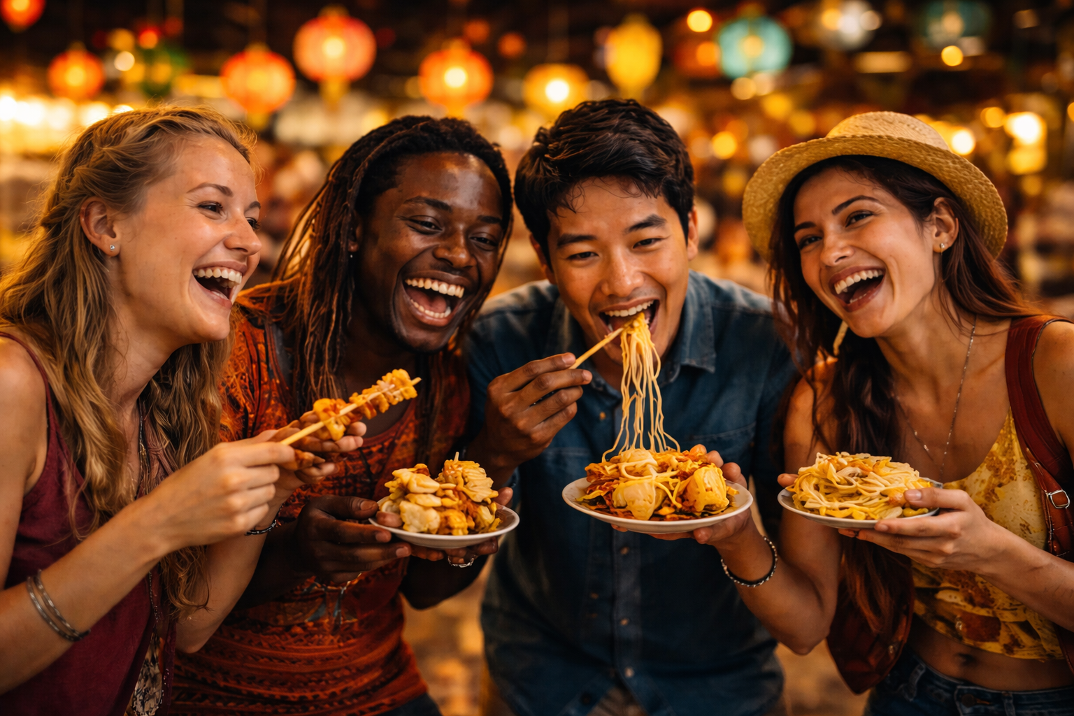 Friends eating together in a lively night market