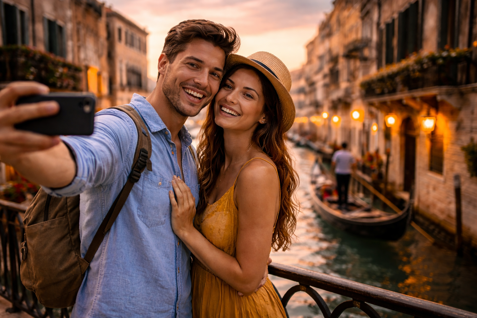 A couple taking a photo together in Venice at sunset