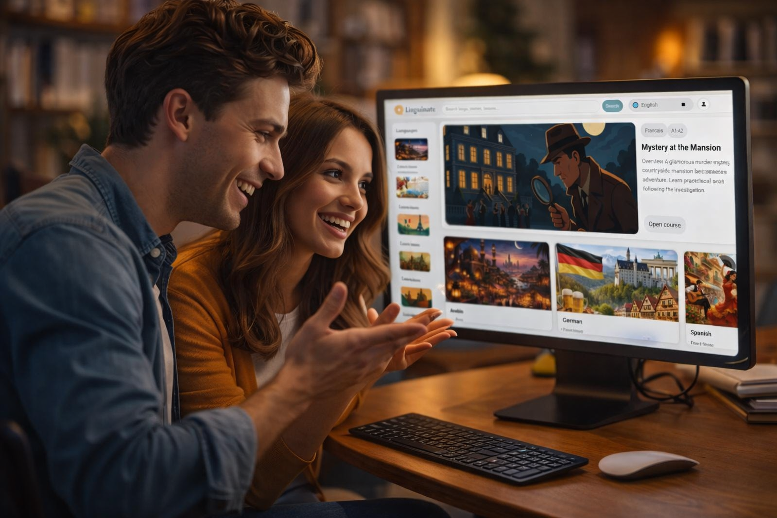 Two learners using the Linguinate platform together on a desktop computer